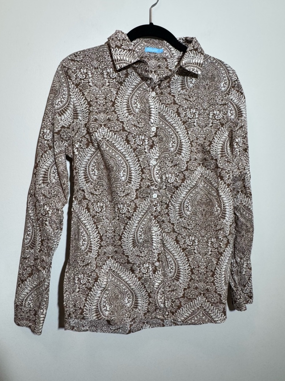 J McLaughlin Button Down Top Brown and White Paisley Print
